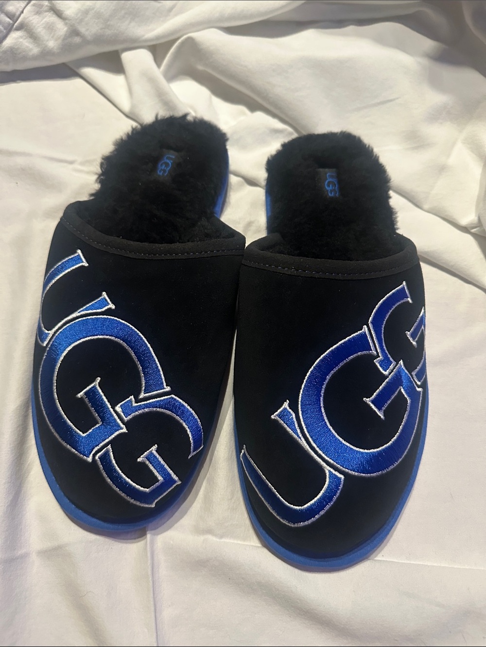 UGG Men Black Slippers with Blue Logo Embroidery